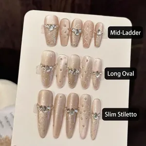 Handgefertigte Press On Nägel Champagner Gold Katzenauge Glitzer Strass Künstliche Perle Elegant Sarg Stiletto Falsche Nägel Frauen