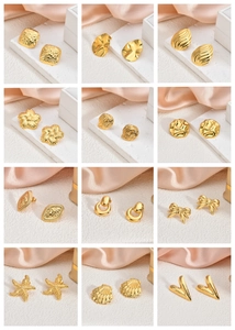 Collection of 12 stylish 18K gold plated stainless steel stud earrings in various designs