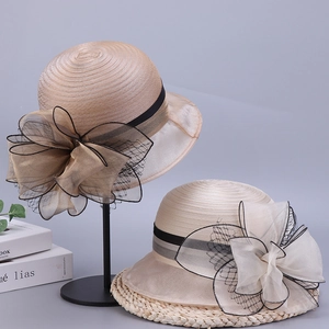 Women Organza Flower Bucket Hat Elegant Retro Mesh Wide Brim Sun Hat For Church Tea Party Wedding Breathable Outdoor