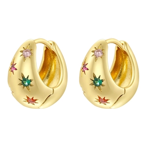 Retro gold huggie hoop earrings with colorful zircon star pattern on white background