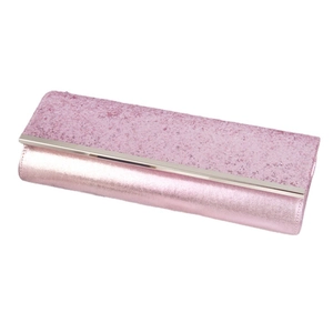 Elegant pink evening clutch bag with sparkling texture and silver metal bar decoration