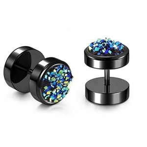 Macro view of black barbell stud earrings with vibrant blue crushed stones detail