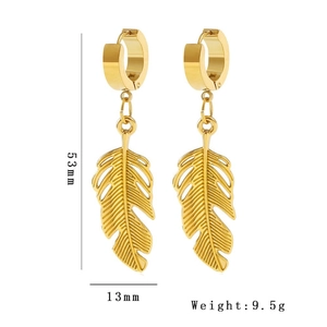 Golden titanium steel feather leaf drop earrings for women with detailed size measurements
