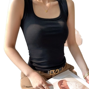 Slim fit black cotton knitted U-neck tank top sleeveless undershirt for women casual wear