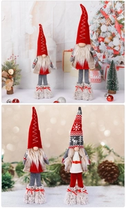 Detail of red and grey Christmas faceless gnomes with snowflake patterns in festive scene