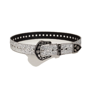 Silver glitter leather belt with Western style buckle for vintage aesthetic suits