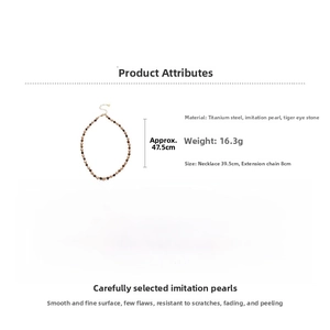 Detail showing titanium steel tiger eye bead necklace with pearl and length specifications
