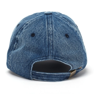 Detail view of denim baseball cap back with adjustable strap and brass metal buckle