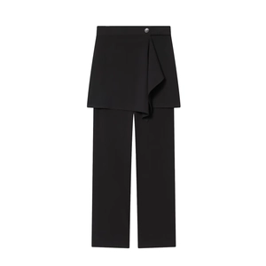 Women's black high-waisted trousers with asymmetrical skirt overlay and silver button detail