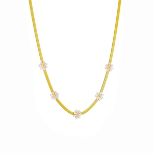 Elegant gold snake chain necklace featuring five white daisy motifs with gold centers
