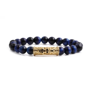 Set di braccialetti con perline occhio di tigre blu e cilindro a croce dorato intarsiato nero