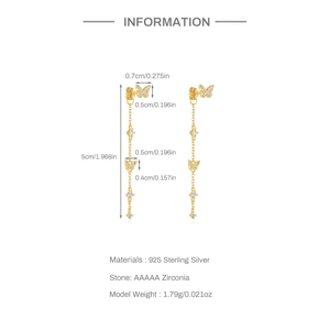 Detailed technical info of gold butterfly tassel earrings with 925 silver and 5A zircon