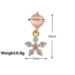 Detailed size view of flower drop earring with pink zircon and 0.8g weight specs