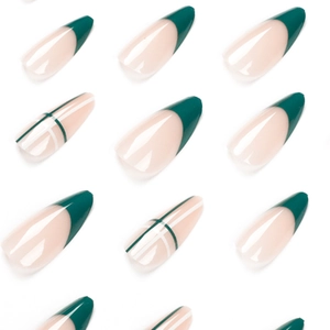 French tip almond press-on nails with dark green and white line patterns in glossy finish