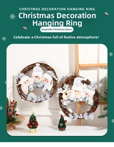 Detail of Christmas rattan wreaths with plush Santa and Snowman hanging decorations