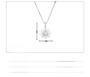 Macro detail of silver sunflower pendant necklace with dimensions and material specs