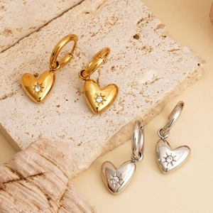 Polished stainless steel heart hoop earrings with starburst zircon in gold and silver
