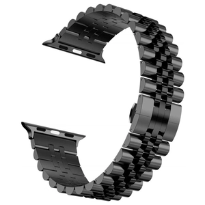 Detalle de la correa de reloj de acero inoxidable negro con diseño de eslabones macizos