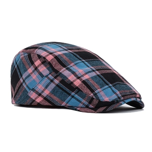 Men's thin cotton flat cap with blue and pink plaid pattern and short brim