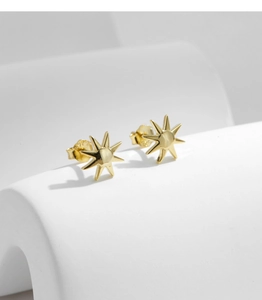 Detailed close-up of gold-plated S925 silver star earrings on a white stand