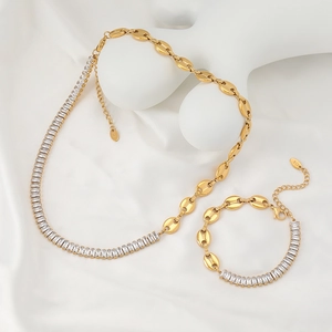 Gold-toned coffee bean link necklace and bracelet set with rectangle zircon stones