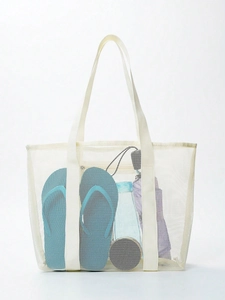 Detail of white mesh beach bag showing spacious interior with flip-flops and water bottle