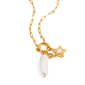 Close-up of gold titanium necklace with freshwater pearl, star and zircon charms