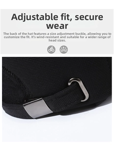 Detail of adjustable metal buckle on winter baseball cap for secure fit and head size