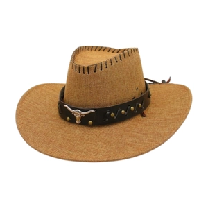 Western light brown woven cowboy hat with black leather band and silver bull head emblem