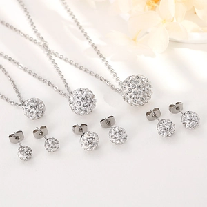 Silver stainless steel jewelry set with sparkling pavé crystal ball necklace and earrings
