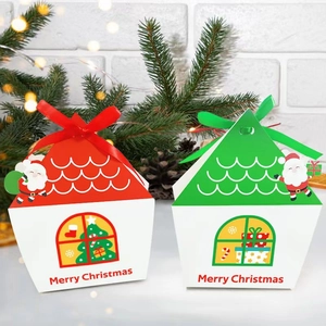 Christmas gift boxes in red and green house shapes with festive ribbons and illustrations