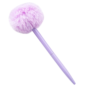 Creative purple ballpoint pen with a large fluffy pompom on top for cute office stationery