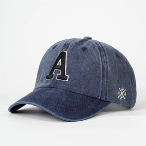 Vintage navy blue washed cotton baseball cap with black letter A embroidery for women