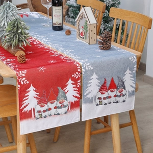 Christmas gnome table runner with burlap texture and Nordic snowflake patterns