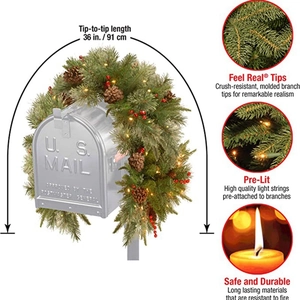 36-inch Pre-lit Christmas Mailbox Swag with pine cones, berries, and LED lights