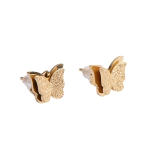 Minimalist double-layered golden butterfly stud earrings with elegant matte frosted finish