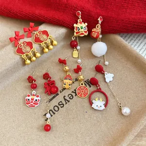 New Chinese Style Red Lion Dance Drop Earrings With Silver Earring Post Enamel Fortune Bow Festive Jewelry For Women