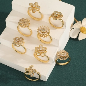 Luxury Rotating Sunflower Windmill Flower Open Ring For Women Copper Rhinestone Inlaid Gold Adjustable Fashion Commuter Jewelry Gift
