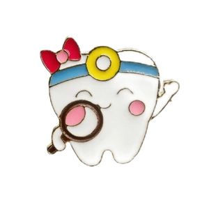 Cartoon white tooth alloy brooch with red bow and pink magnifying glass on white background