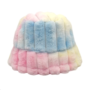 Detail of plush rainbow bucket hat with vertical quilted stripes and faux rabbit fur