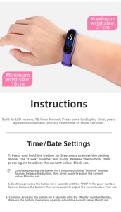Detail of purple LED digital watch showing setup steps and wrist size 16cm to 21cm