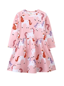 Pink long-sleeved girls' dress with white unicorn prints in a soft cotton knit