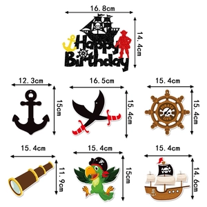 Detailed size chart for pirate theme birthday cake toppers featuring anchors and ships