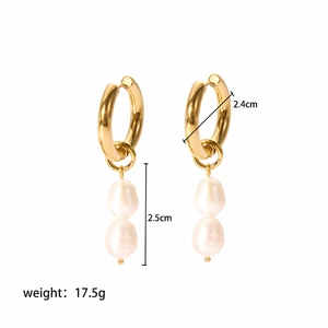 Detail showing 2.4cm gold hoops with double white pearls and 17.5g weight specs