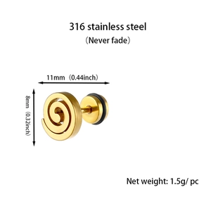 Golden 316 stainless steel screw pattern stud earring detail with size measurements