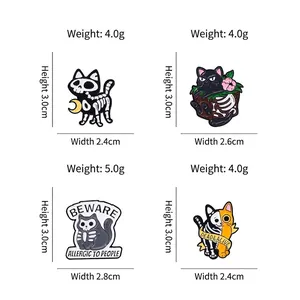 Halloween skull cat enamel pins set featuring skeleton designs and gothic alloy brooches