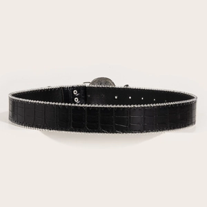 Punk style black crocodile pattern leather belt with silver chain edges and skull buckle