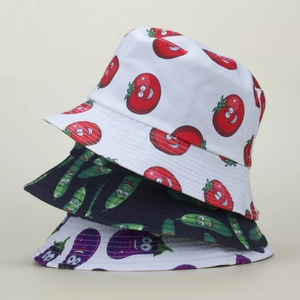 Detailed view of three cotton bucket hats featuring cute cartoon vegetable prints