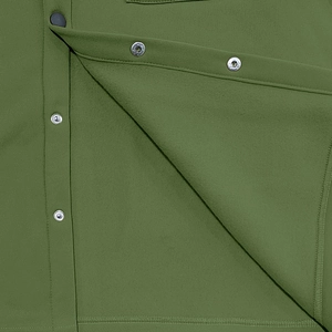 Detailed macro view of olive green jacket with silver metal snap buttons and fabric texture