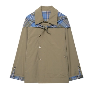 Women's reversible khaki utility jacket with blue and brown tartan plaid collar and cuffs